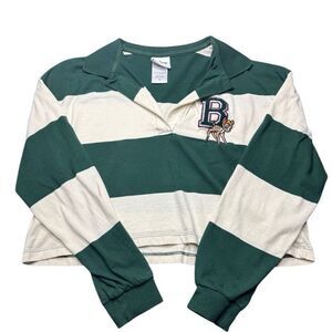 Disney Embroidered Bambi Crop Top Striped Long Sleeve Polo Shirt Womens M Green